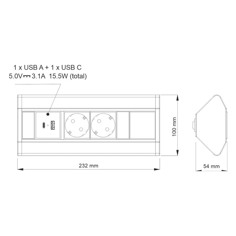 CORNER BOX 2 USB Ecksteckdose Möbelsteckdose