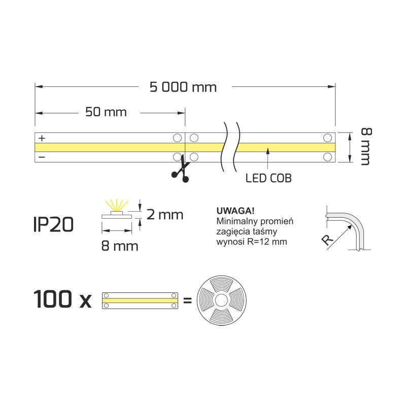 LED COB STRIP 24V 480 LED/m IP20 12,8W/m