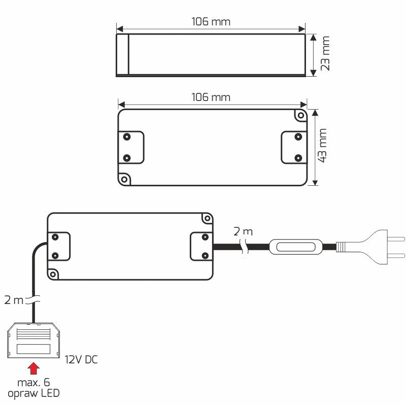 LED Netzteil mit Verkabelung 12V DC 12W mit 6-Fach Verteiler, Netzkabel und PC1 Schalter
