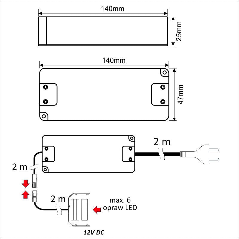LED Netzteil mit Verkabelung 12V DC 33W und Verteiler